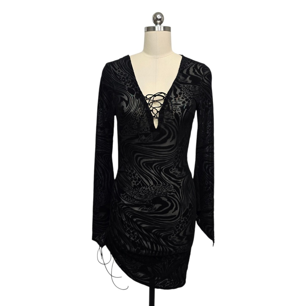 I.AM.GIA Black‎ Burnout Velvet Lace Up Plunge Mini Dress Size Medium Festival